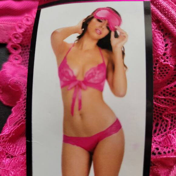 NEW One size fits most soft lace tie bra with panty hot pink - Picture 3 of 4
